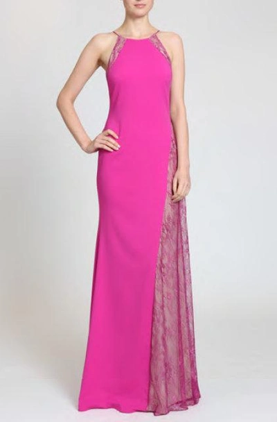 Shop Badgley Mischka Sleeveless Chantilly Lace Inset Evening Gown In Magenta