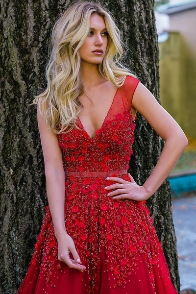 Shop Jovani Red Lace Applique V Neck Couture Dress