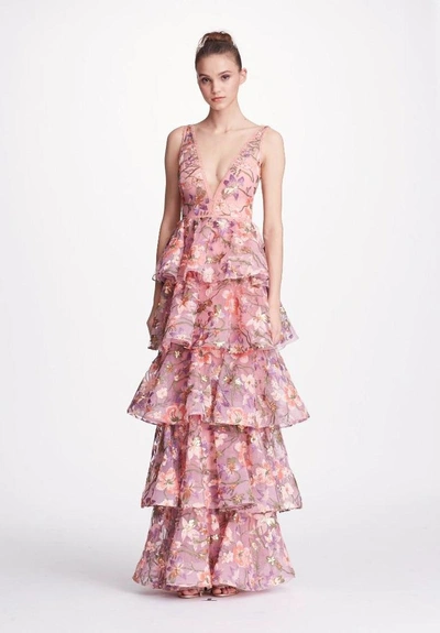 Shop Marchesa Notte Sleeveless Floral Tiered Gown In Black