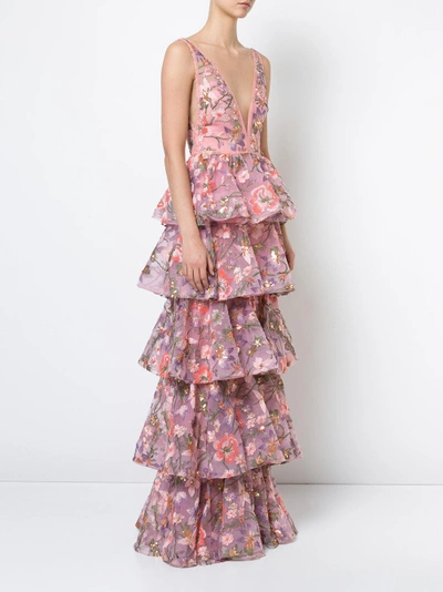 Shop Marchesa Notte Sleeveless Floral Tiered Gown In Black