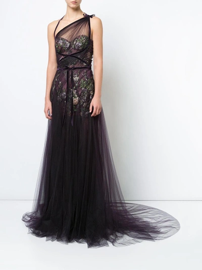 Shop Marchesa Couture One Shoulder Tulle Evening Gown In Amehtyst