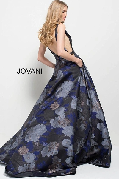 Shop Jovani Navy Print Backless High Neck A-line Gown In Navy Blue