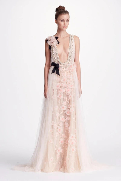 Shop Marchesa Couture Pink Sleeveless Plunging Neckline Draped Tulle Gown In Pale Pink