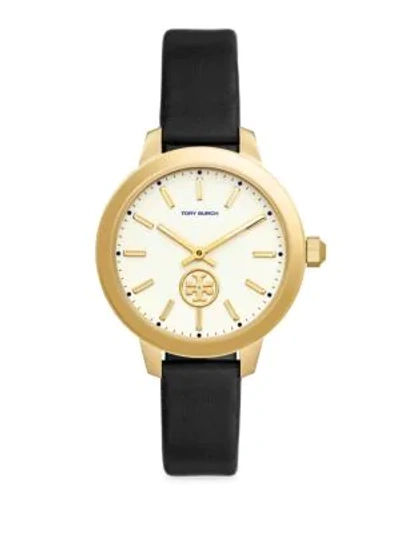 Shop Tory Burch Collins Goldtone Leather Two-hand Watch In Black Yellow Gold