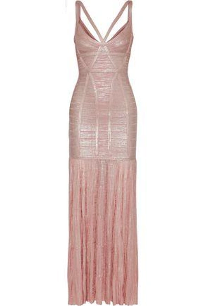 Shop Herve Leger Zhenya Cutout Pleated Metallic Bandage Gown In Rose Gold