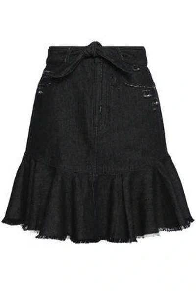 Shop Zimmermann Belted Frayed Denim Mini Skirt In Black