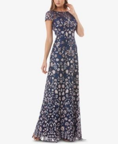Shop Js Collections Floral Embroidered Gown In Navy Nude