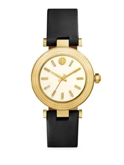 Shop Tory Burch Classic T Leather Strap Watch In Yellow Gold