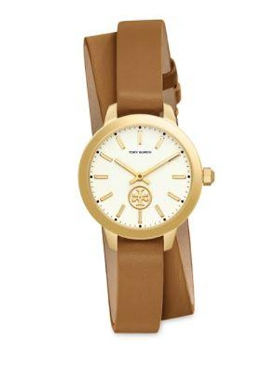 Shop Tory Burch Collins Quartz Leather-strap Watch In Brown Yellow Gold