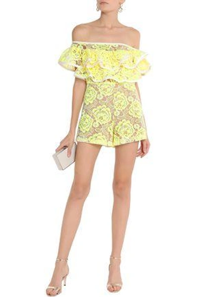 Shop Alexis Woman Off-the-shoulder Ruffled Guipure Lace Playsuit Yellow