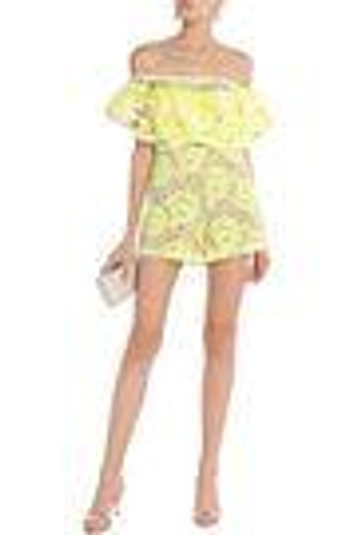 Shop Alexis Woman Off-the-shoulder Ruffled Guipure Lace Playsuit Yellow