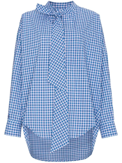 Shop Balenciaga Oversized Logo Print Check Cotton Shirt In Blue