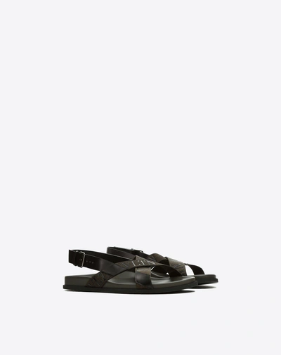 Shop Valentino Garavani Uomo Brush-off Calfskin Sandal With Vltn Band Man Military Green 100% Calfskin 39 In Black