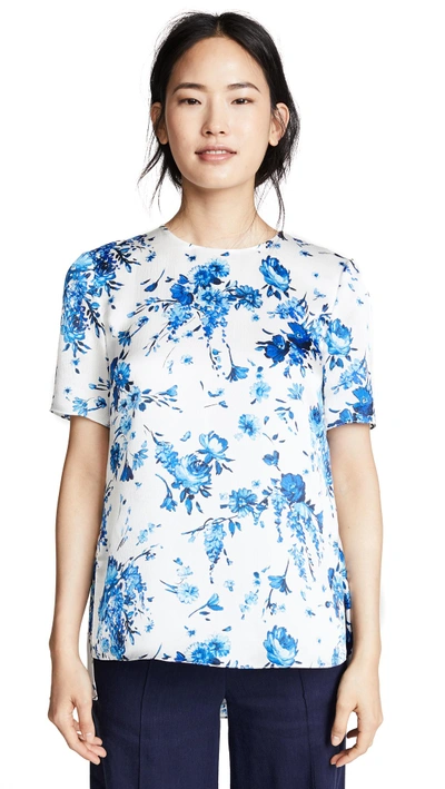 Shop Adam Lippes Floral Hammered Silk Top In Ivory/blue