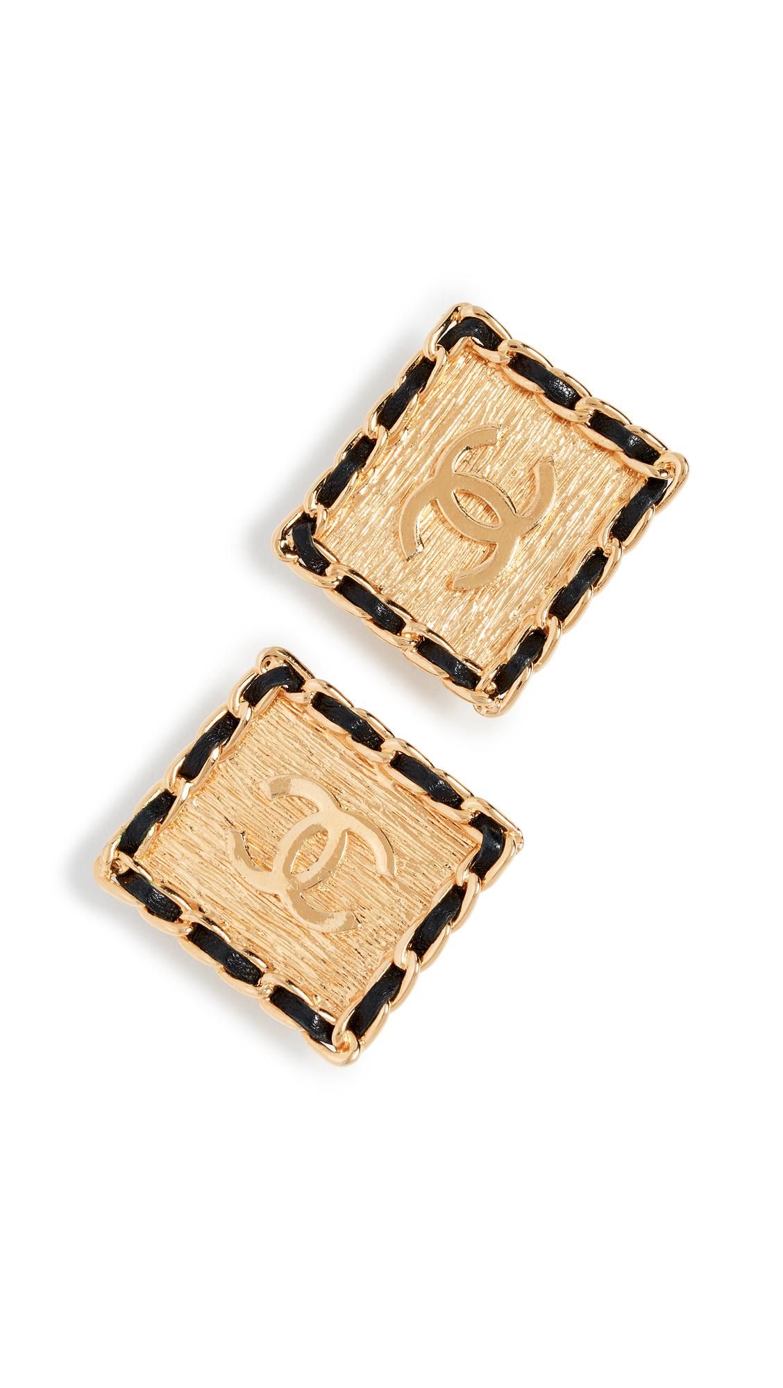 Chanel Square Cc Earrings In Black Yellow Gold Modesens