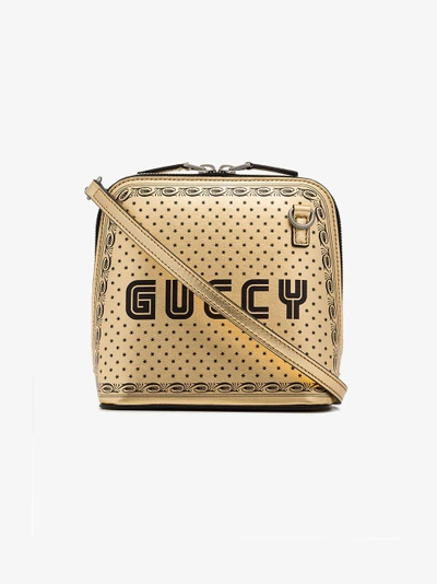 Shop Gucci Gold Tone Guccy Mini Leather Shoulder Bag In Metallic