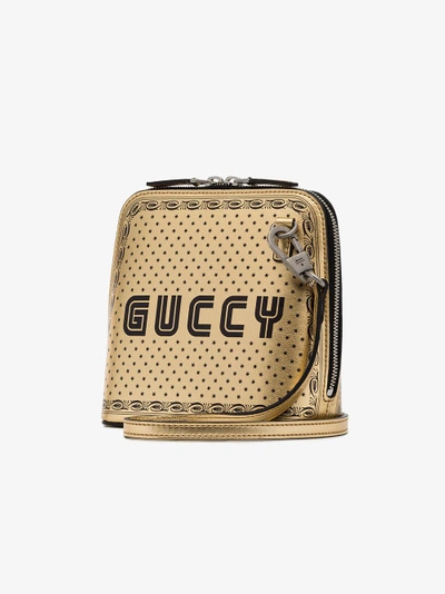 Shop Gucci Gold Tone Guccy Mini Leather Shoulder Bag In Metallic