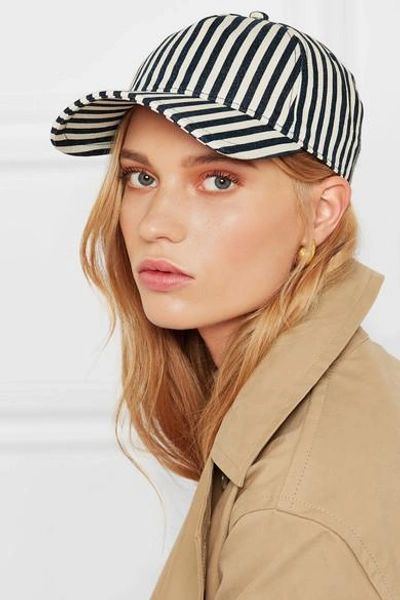 Shop Rag & Bone Marilyn Leather-trimmed Striped Denim Baseball Cap In Navy