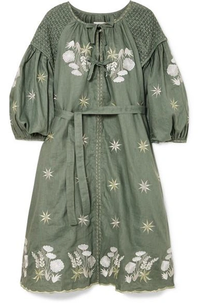 Shop Innika Choo Smocked Embroidered Linen Dress In Gray Green