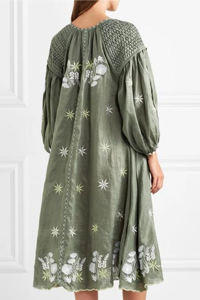 Shop Innika Choo Smocked Embroidered Linen Dress In Gray Green