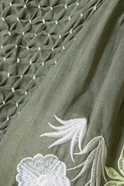 Shop Innika Choo Smocked Embroidered Linen Dress In Gray Green