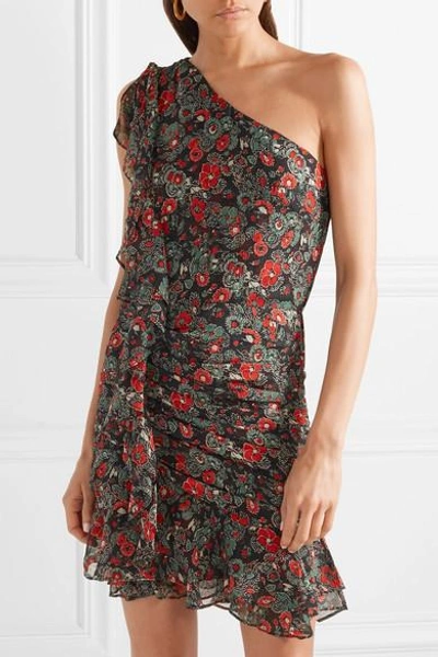 Shop Veronica Beard Ballard One-shoulder Ruffled Floral-print Silk-chiffon Mini Dress In Charcoal