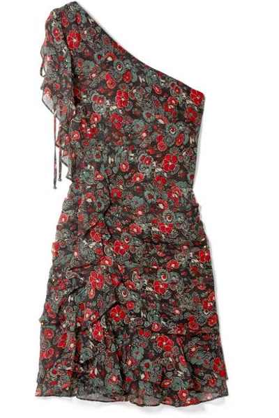 Shop Veronica Beard Ballard One-shoulder Ruffled Floral-print Silk-chiffon Mini Dress In Charcoal