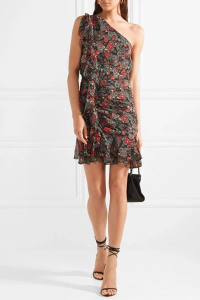 Shop Veronica Beard Ballard One-shoulder Ruffled Floral-print Silk-chiffon Mini Dress In Charcoal