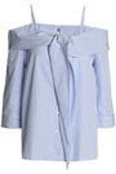 Shop Iris & Ink Woman Cold-shoulder Striped Cotton-poplin Top Light Blue