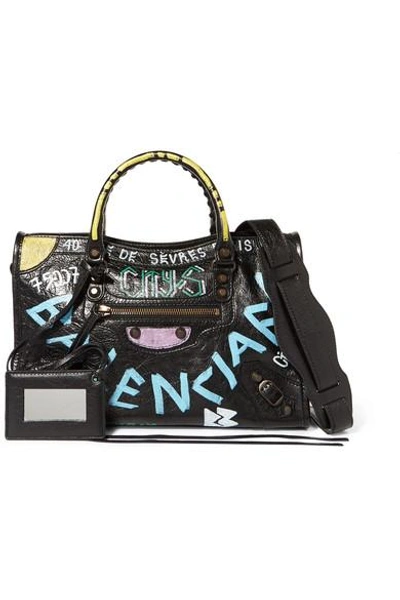 Shop Balenciaga Classic City Printed Textured-leather Tote In Black