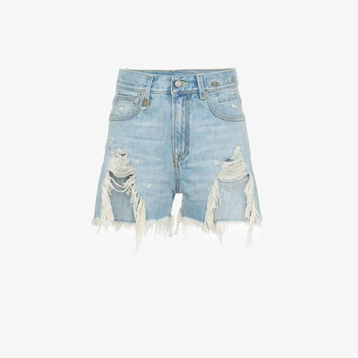 Shop R13 Shredded Slouch Denim Shorts In Blue