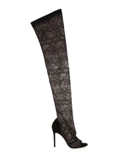Shop Gianvito Rossi Lace Stretch Peep Toe Knee-high Boots In Black