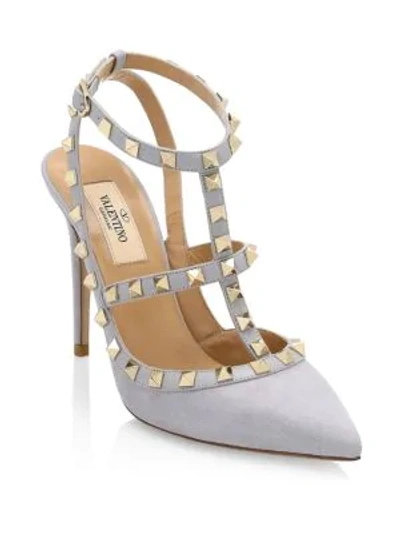 Shop Valentino Rockstud Suede Sling Sandals In Pastel Grey