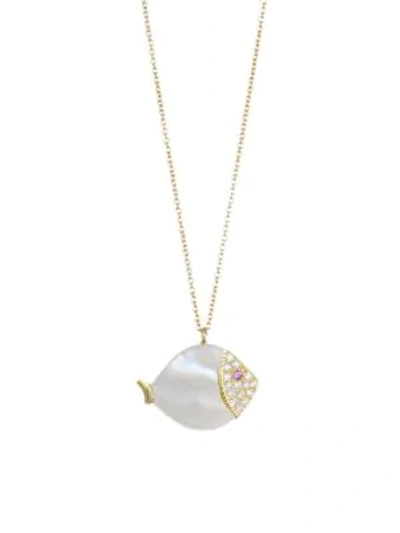 Shop Nayla Arida Women's 18k Yellow Gold Carved White Mother-of-pearl, White Diamonds, Pink Sapphire Large Fish Neckl