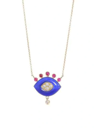 Shop Nayla Arida Women's 18k Yellow Gold Dark Blue Enamel, Ruby & White Diamonds Eye Pendant Necklace
