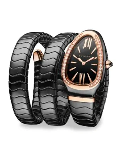 Shop Bvlgari Women's Serpenti Black Ceramic & 18k Rose Gold Double Twist Bracelet Watch