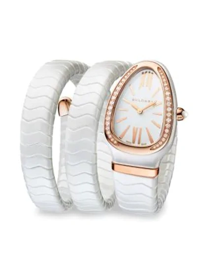 Shop Bvlgari Women's Serpenti Spiga Rose Gold & White Ceramic Double Twist Bracelet Watch