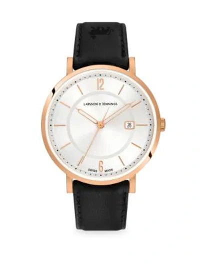 Shop Larsson & Jennings Opera White & Rose Goldtone Stainless Steel Leather Strap Watch In Black