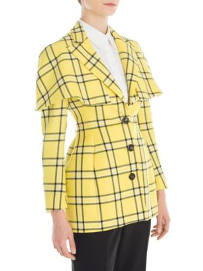 Shop Sara Battaglia Long-sleeve Wool Cape Jacket In Yellow Check