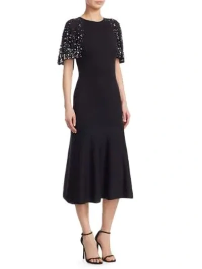 Shop Oscar De La Renta Pearl Embellished Wool Cape Dress In Black