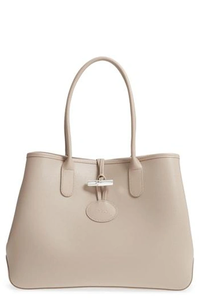 Shop Longchamp Roseau Leather Shoulder Tote - Grey In Clay
