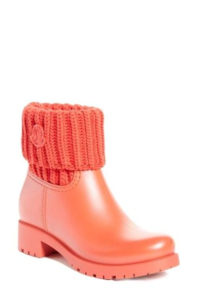 Shop Moncler 'ginette' Knit Cuff Leather Rain Boot In Red
