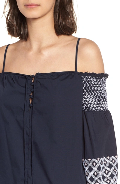 Shop Rebecca Minkoff Tiffany Embroidered Cold Shoulder Top In Navy