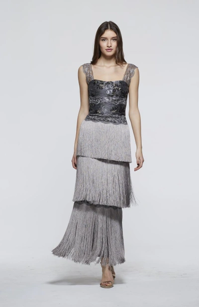 Shop David Meister Fall 2018  Sleeveless Fringe Evening Gown In Silver
