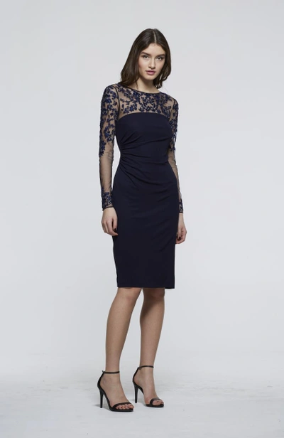 Shop David Meister Fall 2018  Sheer Long Sleeve Cocktail Dress In Navy
