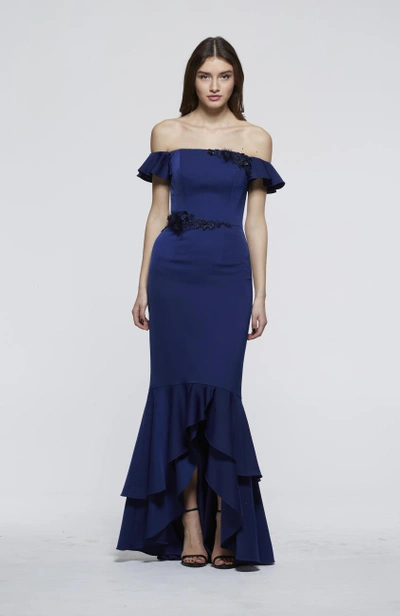 Shop David Meister Fall 2018  Off The Shoulder Evening Gown In Sapphire