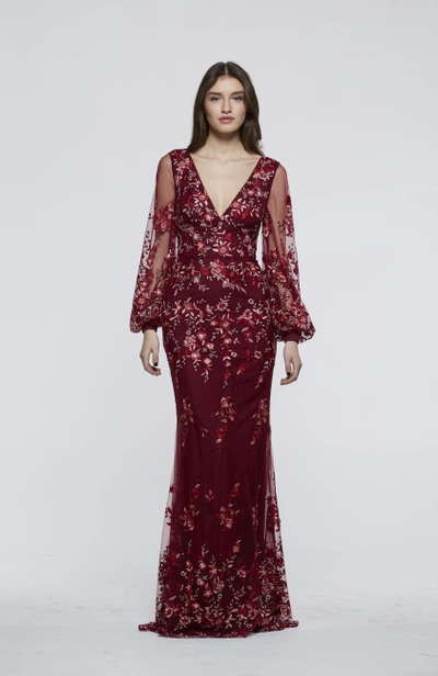 Shop David Meister Fall 2018  Long Sleeve V Neck Evening Gown In Red Multi