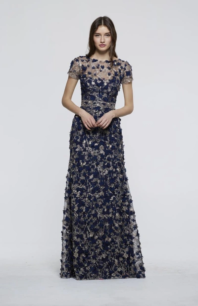 David Meister Fall 2018 Short Sleeve Evening Gown In Navy ModeSens