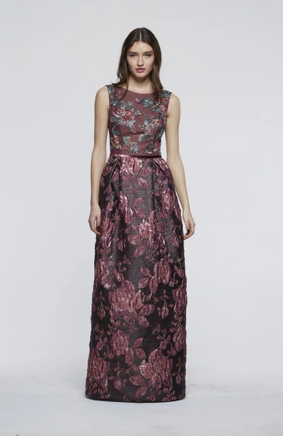 Shop David Meister Fall 2018  Floral Sleeveless Evening Gown In Plum Multi