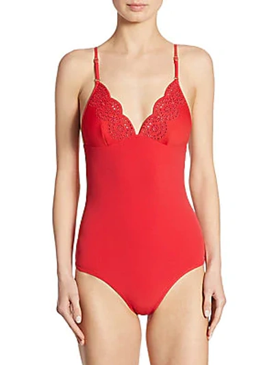 Shop Stella Mccartney Broderie Anglaise One-piece Swimsuit In Tango Red